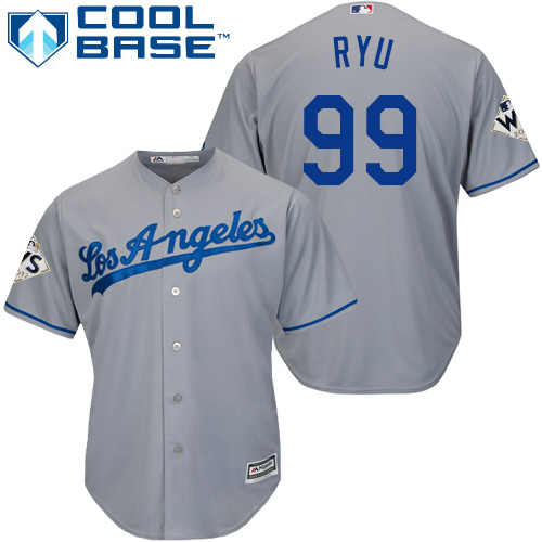 Dodgers #99 Hyun-Jin Ryu Grey Cool Base World Series Bound Stitched Youth MLB Jersey - Click Image to Close